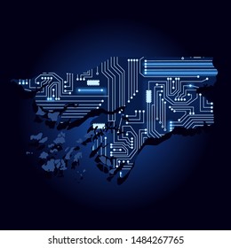 Contour map of Guinea Bissau with a technological electronics circuit. African country. Blue background.
