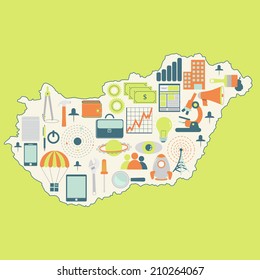 Contour map of Hungary with icons of technology, business, science, communication. Map of Hungary with technology icons