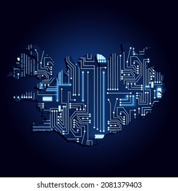 Contour map of Iceland with a technological electronics circuit.