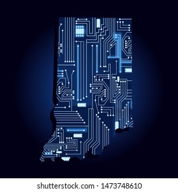 Contour map of Indiana with a technological electronics circuit. USA state. Blue background.
