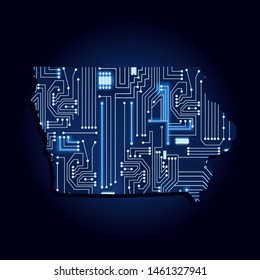 Contour map of Iowa with a technological electronics circuit. USA state. Blue background.
