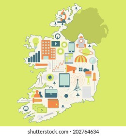 Contour map of Ireland with icons of technology, business, science, communication. Map of Ireland with technology icons