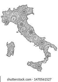 Contour map of Italy is filled with highly detailed floral pattern. Floral ornament in Oriental mehndi style. Doodle coloring book page.
