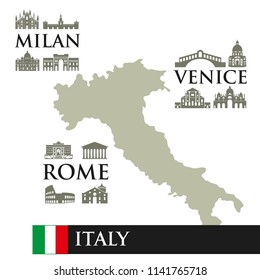 Contour map of Italy. Sights symbols of the city, near the town. Milan, Rome, Venice. Can use for infographic