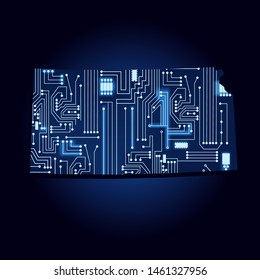 Contour map of Kansas with a technological electronics circuit. USA state. Blue background.
