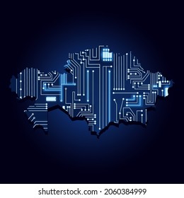 Contour map of Kazakhstan with a technological electronics circuit.
