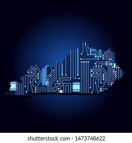 Contour map of Kentucky with a technological electronics circuit. USA state. Blue background.
