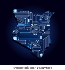 Contour map of Kenya with a technological electronics circuit. African country. Blue background.
