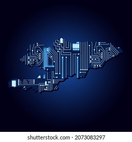 Contour map of Kyrgyzstan with a technological electronics circuit.