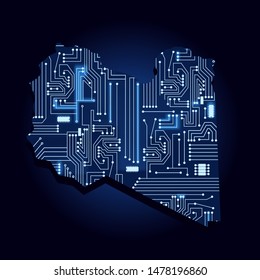 Contour map of Libya with a technological electronics circuit. African country. Blue background.
