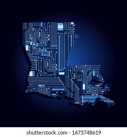 Contour map of Louisiana with a technological electronics circuit. USA state. Blue background.
