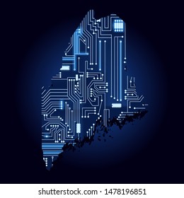 Contour map of Maine with a technological electronics circuit. USA state. Blue background.
