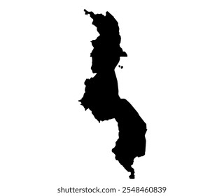 A contour map of Malawi. Vector graphic illustration on a transparent background with black country's borders