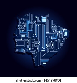 Contour map of Mato Grosso do Sul with a technological electronics circuit. Brazilian state. Blue background.
