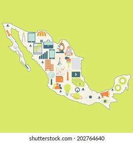 Contour map of Mexico with icons of technology, business, science, communication. Map of Mexico with technology icons