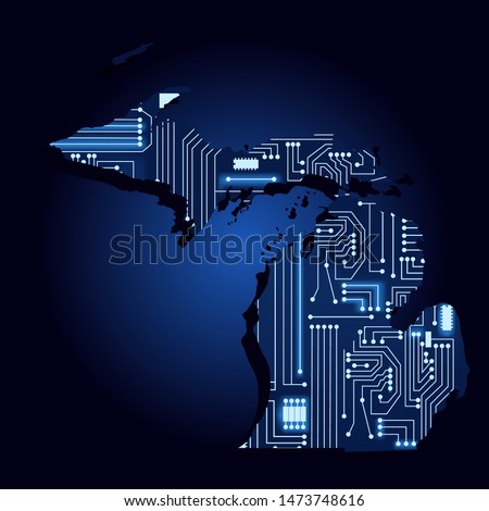 Contour map of Michigan with a technological electronics circuit. USA state. Blue background.
