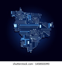 Contour map of Midwest of Brazil with a technological electronics circuit. Brazilian region. Blue background.
