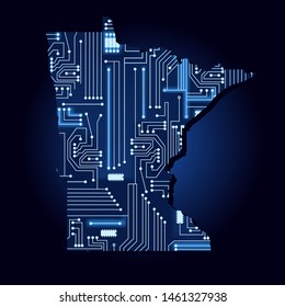Contour map of Minnesota with a technological electronics circuit. USA state. Blue background.
