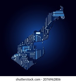 Contour map of Monaco with a technological electronics circuit.