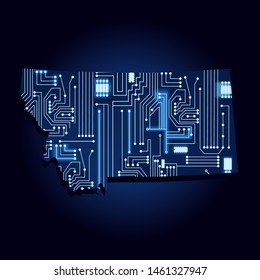 Contour map of Montana with a technological electronics circuit. USA state. Blue background.
