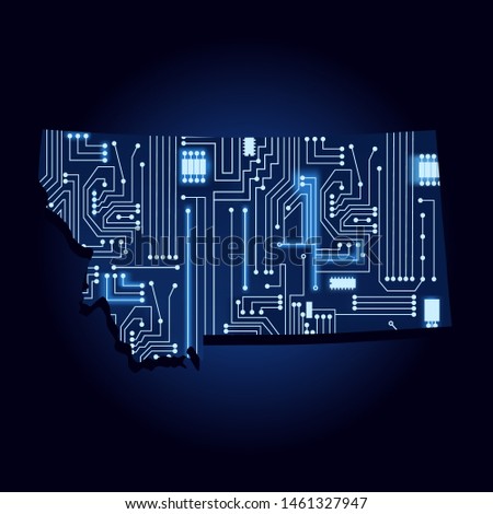 Contour map of Montana with a technological electronics circuit. USA state. Blue background.
