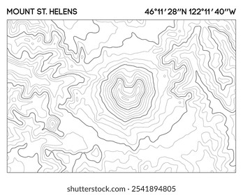 Mapa do contorno do Monte Santa Helena, mostrando linhas de elevação detalhadas com coordenadas geográficas. Vetor de mapa topográfico.