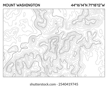 Mapa de contorno do Monte Washington com detalhes da elevação e coordenadas precisas de latitude e longitude. Vetor de mapa topográfico.