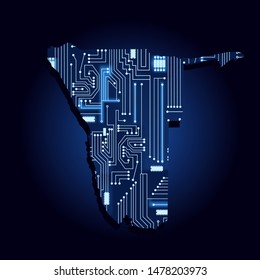 Contour map of Namibia with a technological electronics circuit. African country. Blue background.
