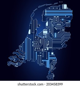 Contour map of Netherlands with a technological electronics circuit. Map of Netherlands with electronic circuit