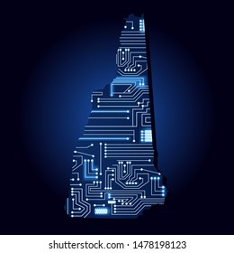 Contour map of New Hampshire with a technological electronics circuit. USA state. Blue background.
