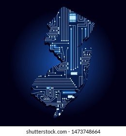 Contour map of New Jersey with a technological electronics circuit. USA state. Blue background.
