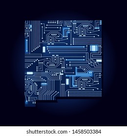 Contour map of New Mexico with a technological electronics circuit. USA state. Blue background.
