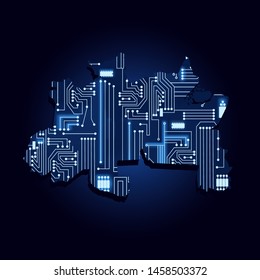 Contour map of North of Brazil with a technological electronics circuit. Brazilian region. Blue background.
