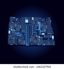 Contour map of North Dakota with a technological electronics circuit. USA state. Blue background.

