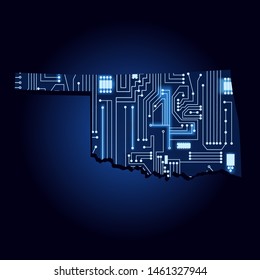 Contour map of Oklahoma with a technological electronics circuit. USA state. Blue background.
