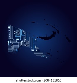 Contour map of Papua New Guinea with a technological electronics circuit.