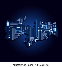 Contour map of Paraiba with a technological electronics circuit. Brazilian state. Blue background.
