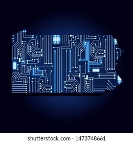 Contour map of Pennsylvania with a technological electronics circuit. USA state. Blue background.
