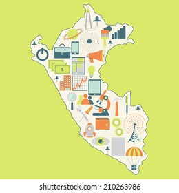 Contour map of Peru with icons of technology, business, science, communication. Map of Peru with technology icons