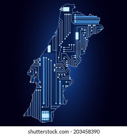 Contour map of Portugal with a technological electronics circuit. Map of Portugal with electronic circuit
