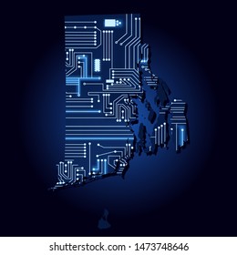 Contour map of Rhode Island with a technological electronics circuit. USA state. Blue background.
