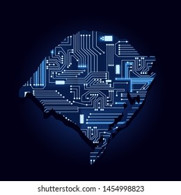 Contour map of Rio Grande do Sul with a technological electronics circuit. Brazilian state. Blue background.
