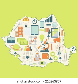 Contour map of Romania with icons of technology, business, science, communication. Map of Romania with technology icons