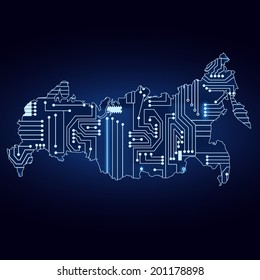 Contour map of Russia with a technological electronics circuit. Map of Russia with electronic circuit