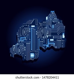 Contour map of Rwanda with a technological electronics circuit. African country. Blue background.
