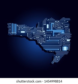Contour map of Santa Catarina with a technological electronics circuit. Brazilian state. Blue background.
