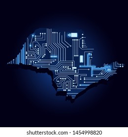 Contour map of Sao Paulo with a technological electronics circuit. Brazilian state. Blue background.
