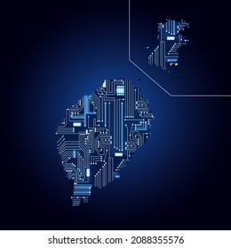 Contour map of Sao Tome and Principe with a technological electronics circuit.