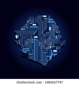 Contour map of Sierra Leone with a technological electronics circuit. African country. Blue background.
