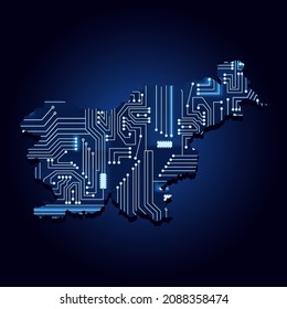 Contour map of Slovenia with a technological electronics circuit.
